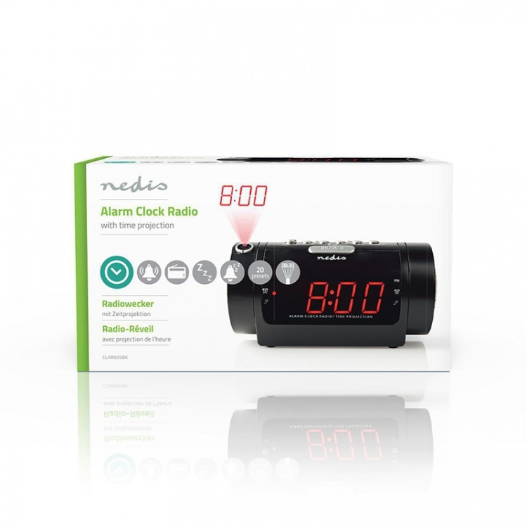 Nedis Digital vækkeur Radio | LED | Tidsprojektion | AM / FM | Snooze funktion | Sleep timer | Antal alarmer: 2 | Sort