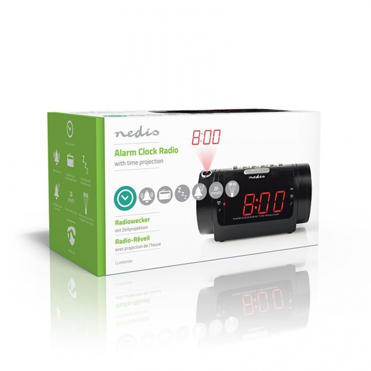 Nedis Digital vækkeur Radio | LED | Tidsprojektion | AM / FM | Snooze funktion | Sleep timer | Antal alarmer: 2 | Sort