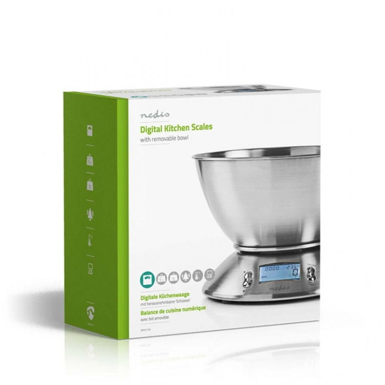 Nedis Køkkenvægt | Digital | Rustfri Stål | Timer funktion | Termometerfunktion | Aftagelig skål | Sølv