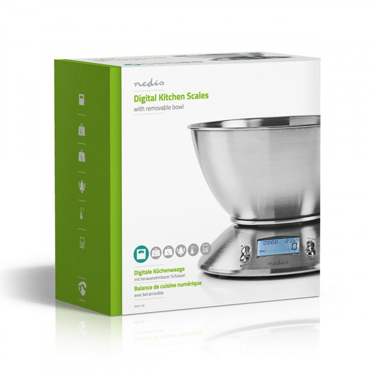 Nedis Køkkenvægt | Digital | Rustfri Stål | Timer funktion | Termometerfunktion | Aftagelig skål | Sølv