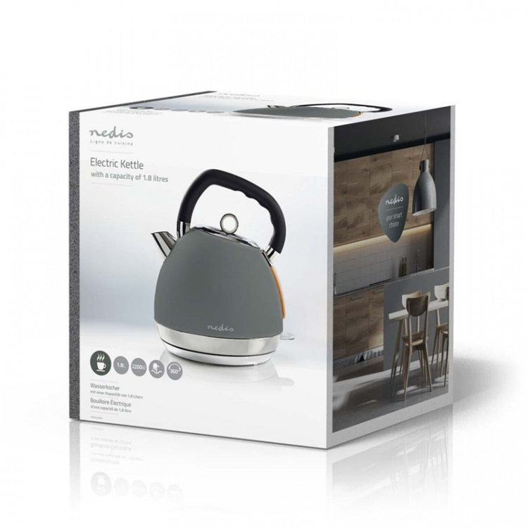 Nedis Elkedel | 1.8 l | Soft-Touch | Grå | Drejelig 360 grader | Skjult varmeelement | Strix®-controller | Beskyttelse mod kogetørring