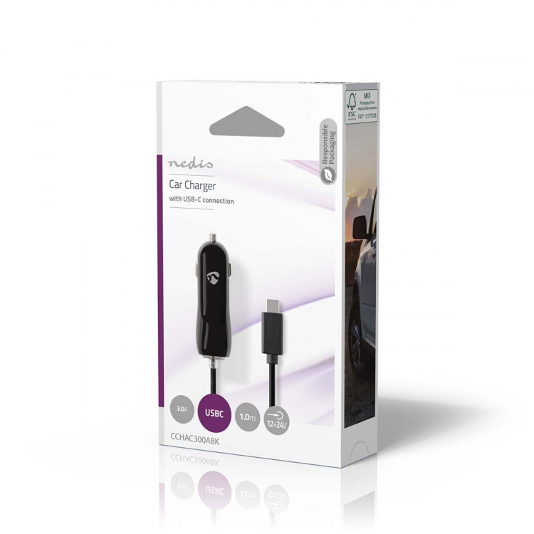 Nedis Biloplader | 15 W | 1x 3.0 A | Antal output: 1 | USB-C™ (Fixed) kabel | 1.00 m | Single Voltage Output