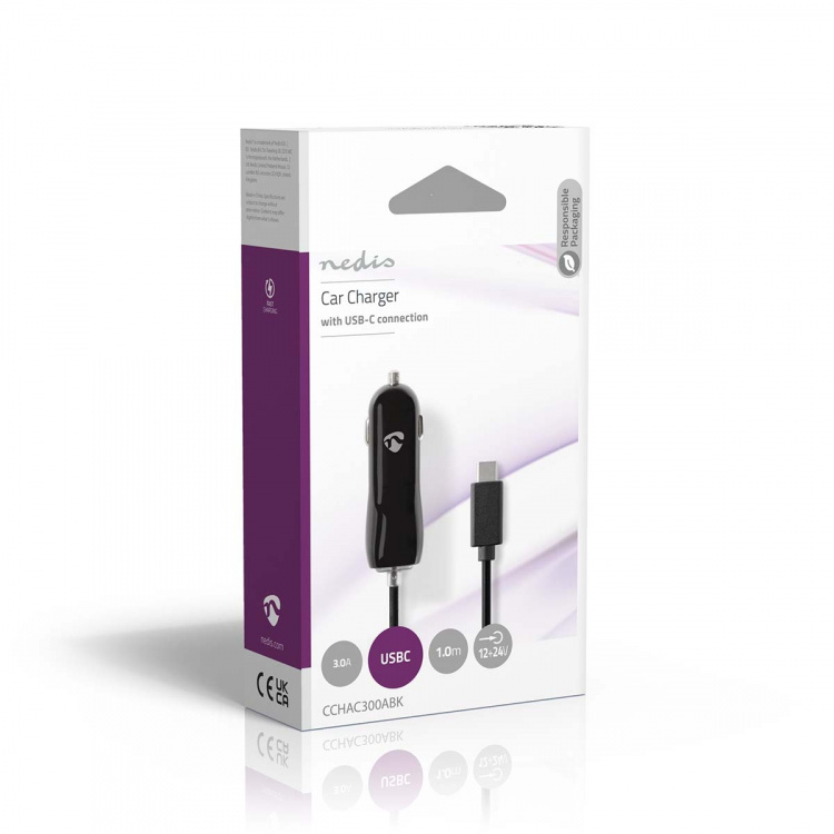 Nedis Biloplader | 15 W | 1x 3.0 A | Antal output: 1 | USB-C™ (Fixed) kabel | 1.00 m | Single Voltage Output