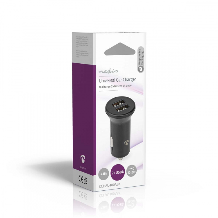 Nedis Biloplader | 24 W | 2x 2.4 A | Antal output: 2 | Porttype: 2x USB-A | | Single Voltage Output