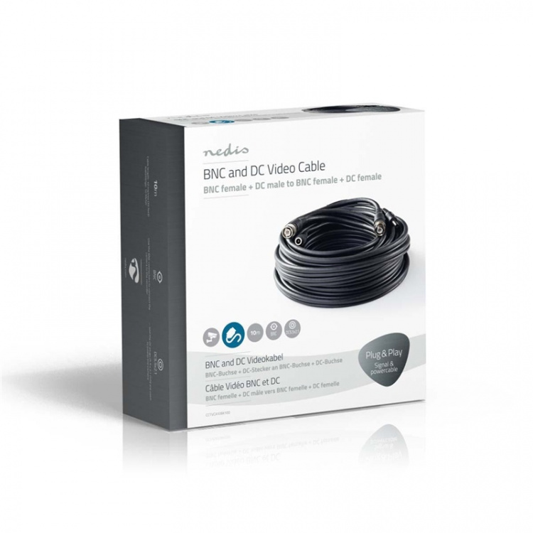 Nedis CCTV Overvågningskabel | BNC / DC | 10.0 m | Runde | PVC | Sort | Gaveæske