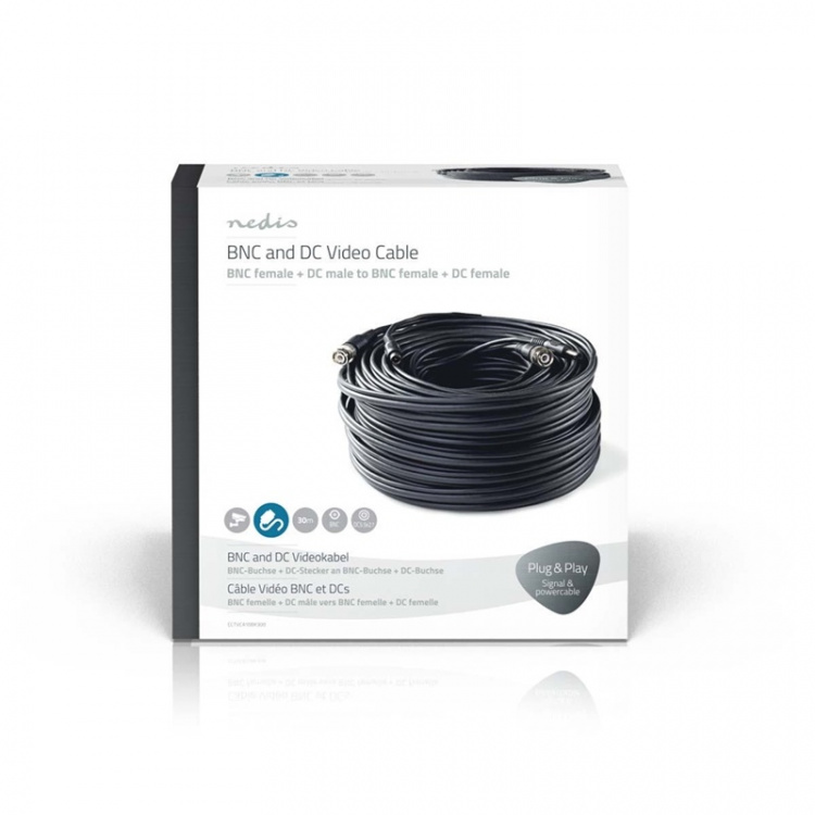 Nedis CCTV Overvågningskabel | BNC / DC | 30.0 m | Runde | PVC | Sort | Gaveæske