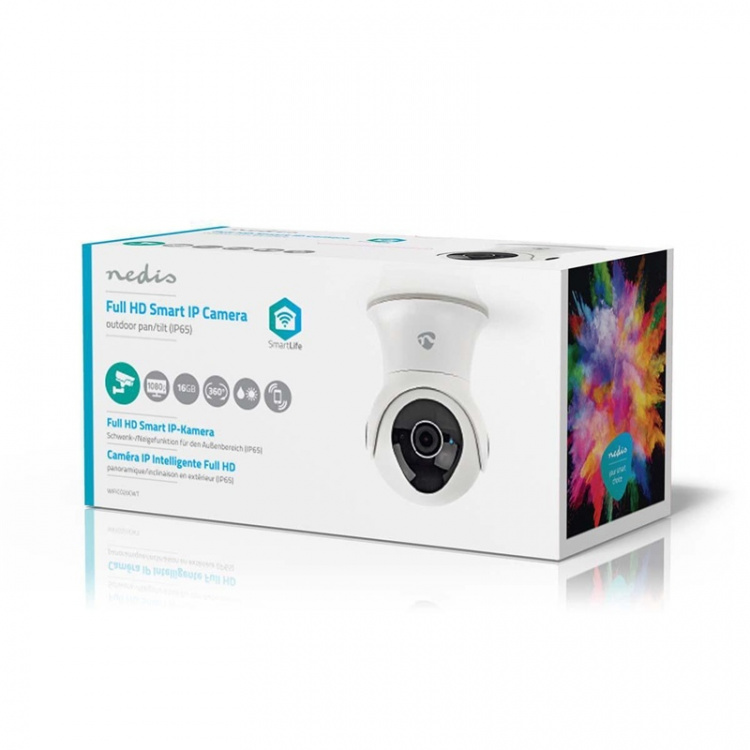 Nedis SmartLife udendørskamera | Full HD 1080p | Pan tilt | IP65 | Cloud Storage (mulighed) / Internal 16GB | 12 V DC | Med bevægelsessensor | Nattesyn | Hvid