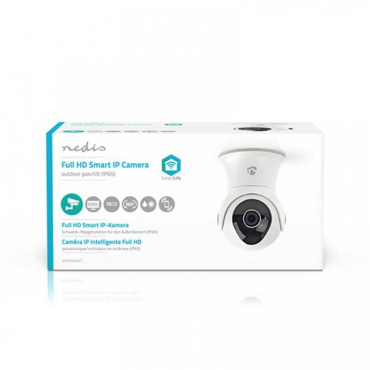Nedis SmartLife udendørskamera | Full HD 1080p | Pan tilt | IP65 | Cloud Storage (mulighed) / Internal 16GB | 12 V DC | Med bevægelsessensor | Nattesyn | Hvid
