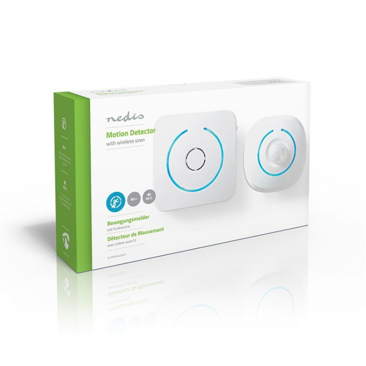 Nedis Motion Detektor Alarm | Batteri | 6x AA/LR6 | 85 dB | Detektorområde: 6 m | Væg | Blå / Hvid