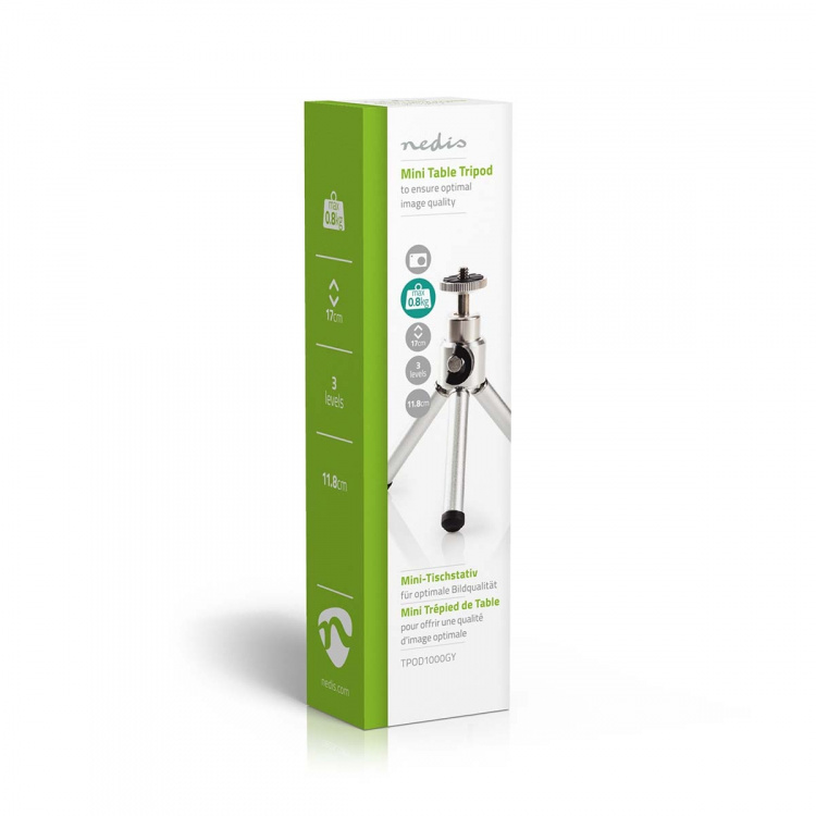 Nedis Stativ | Maksimal belastningskapacitet: 0.8 kg | Minimum arbejdshøjde: 11 cm | Maksimal arbejdshøjde: 14.5 cm | 1 Segment | Kuglehoved | Rejsetaske inkluderet | ABS / Stål | Sølv
