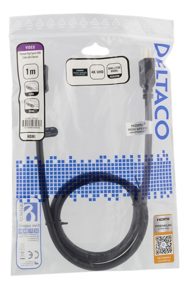 DELTACO High-Speed Premium HDMI cable, 1m, Ethernet, 4K UHD, black