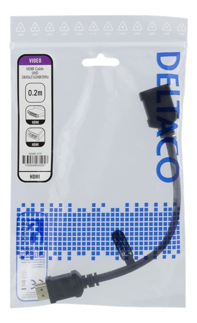 DELTACO Flexible HDMI adapter, 0,2m, HDMI M/F, UHD, black