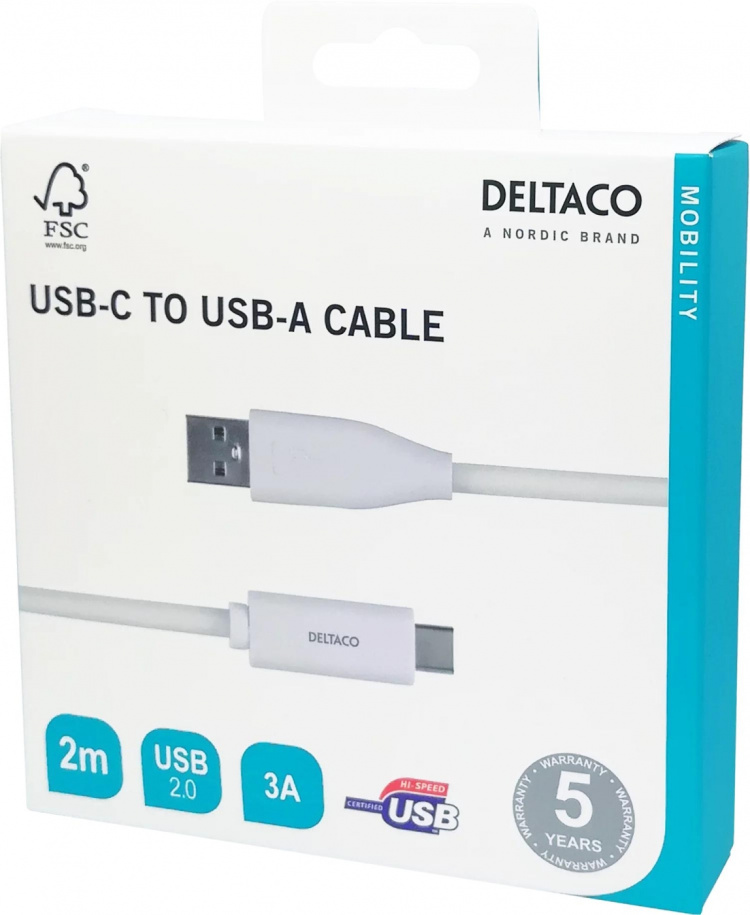 DELTACO USB-C to USB-A cable, 2m, 3A, USB 2.0, white