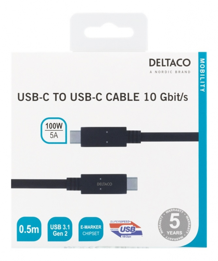 DELTACO USB-C - USB-C cable, 0.5m, USB 3.1 Gen 2, E-marker chipset, 10