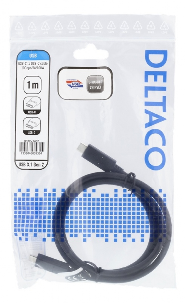 DELTACO USB-C to USB-C cable, 1m, 10Gbps, 100W 5A, USB 3.1 Gen 2, E-Ma