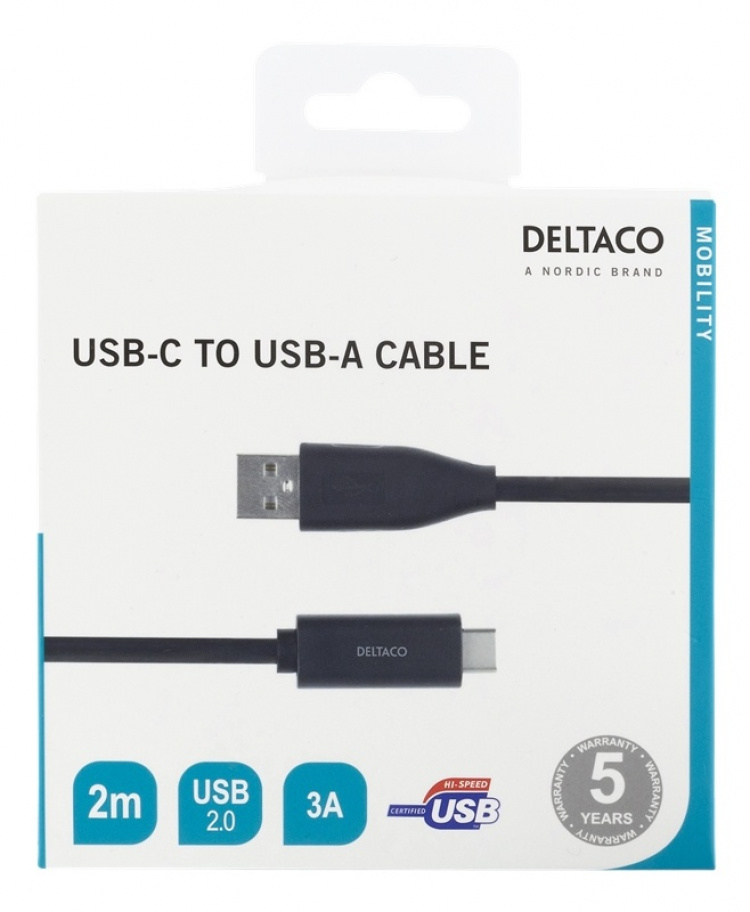 DELTACO USB-C to USB-A cable, 2m, 3A, USB 2.0, black