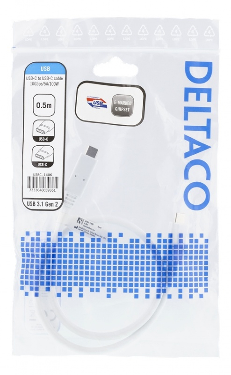 DELTACO USB-C to USB-C cable, 0.5m, 10Gbps, 100W 5A, USB 3.1 Gen 2, E-