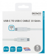 DELTACO USB-C to USB-C cable, 0,5m, 10Gbps, 100W 5A, USB 3.1 Gen 2, E- DELTACO USB-C to USB-C cable, 0,5m, 10Gbps, 100W 5A, USB 3.1 Gen 2, E-