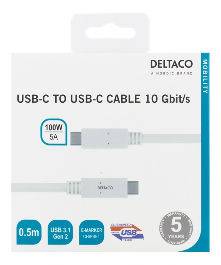 DELTACO USB-C to USB-C cable, 0,5m, 10Gbps, 100W 5A, USB 3.1 Gen 2, E- DELTACO USB-C to USB-C cable, 0,5m, 10Gbps, 100W 5A, USB 3.1 Gen 2, E-