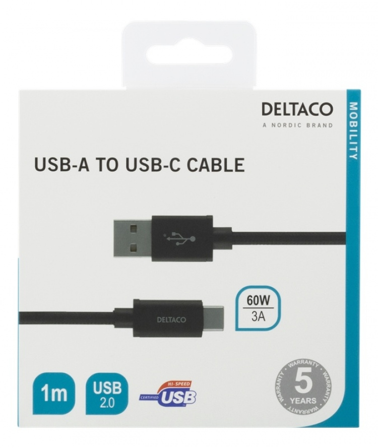 DELTACO USB-A to USB-C cable, 1m, USB 2.0, braided, black