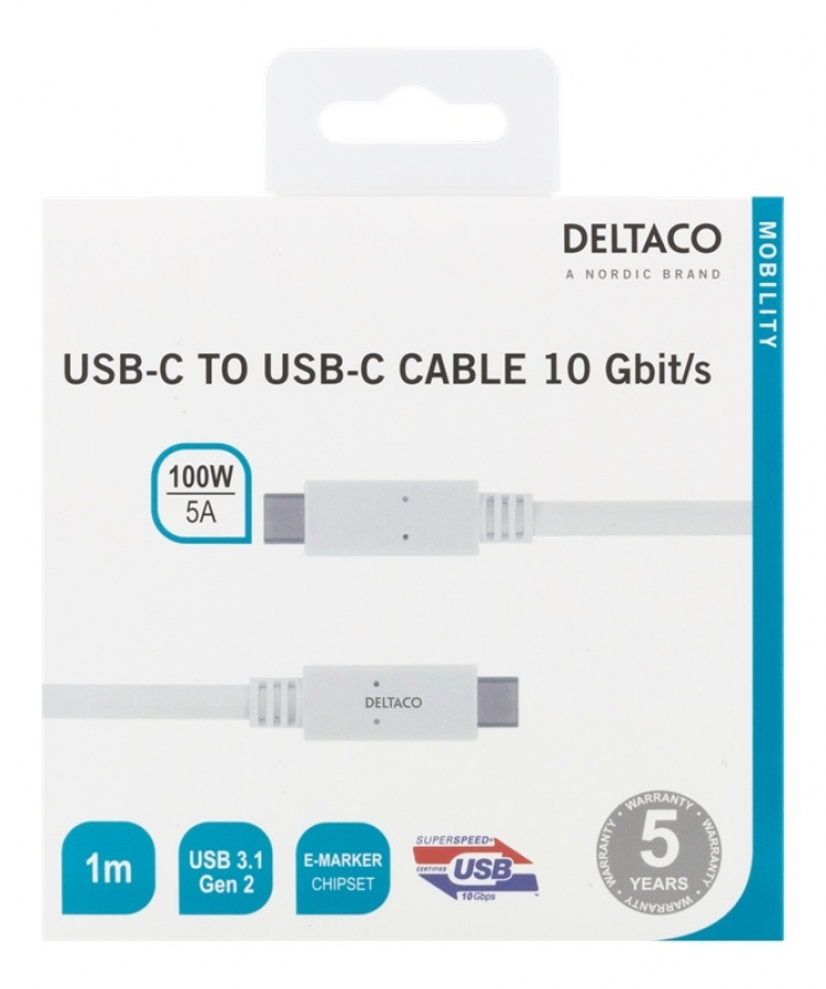 DELTACO USB-C - USB-C cable, 1m, USB 3.1 Gen 2, E-marker chipset, whit