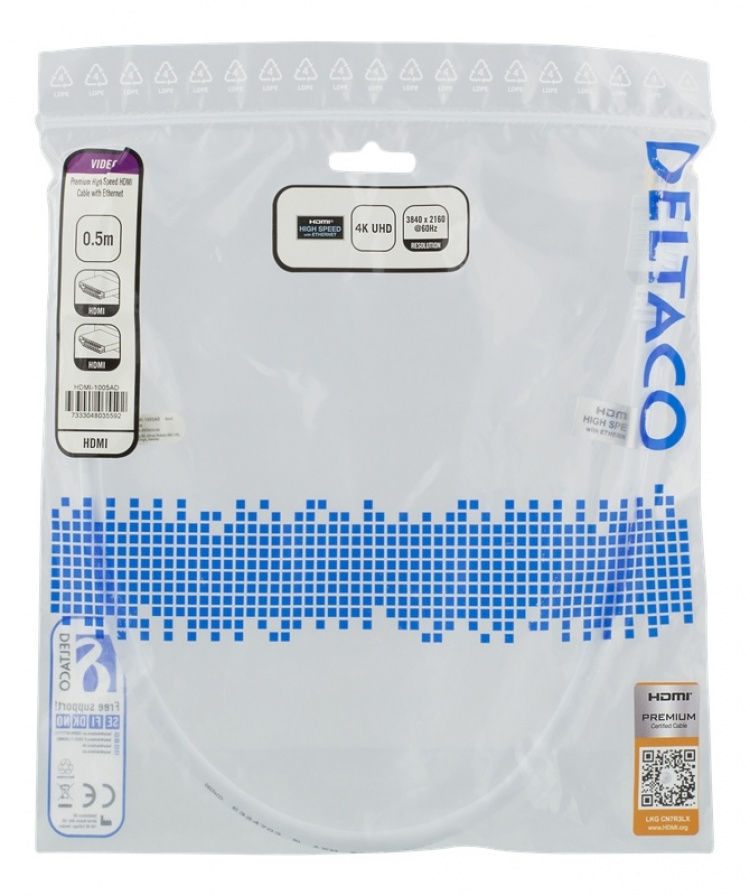 DELTACO High-Speed Premium HDMI cable, 0,5m, Ethernet, 4K UHD, white DELTACO High-Speed Premium HDMI cable, 0,5m, Ethernet, 4K UHD, white