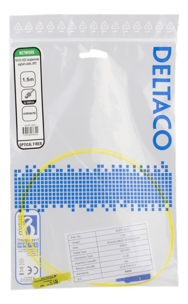 DELTACO OS2 fiber pigtail, SC, simplex, UPC, 9/125, 1.5m