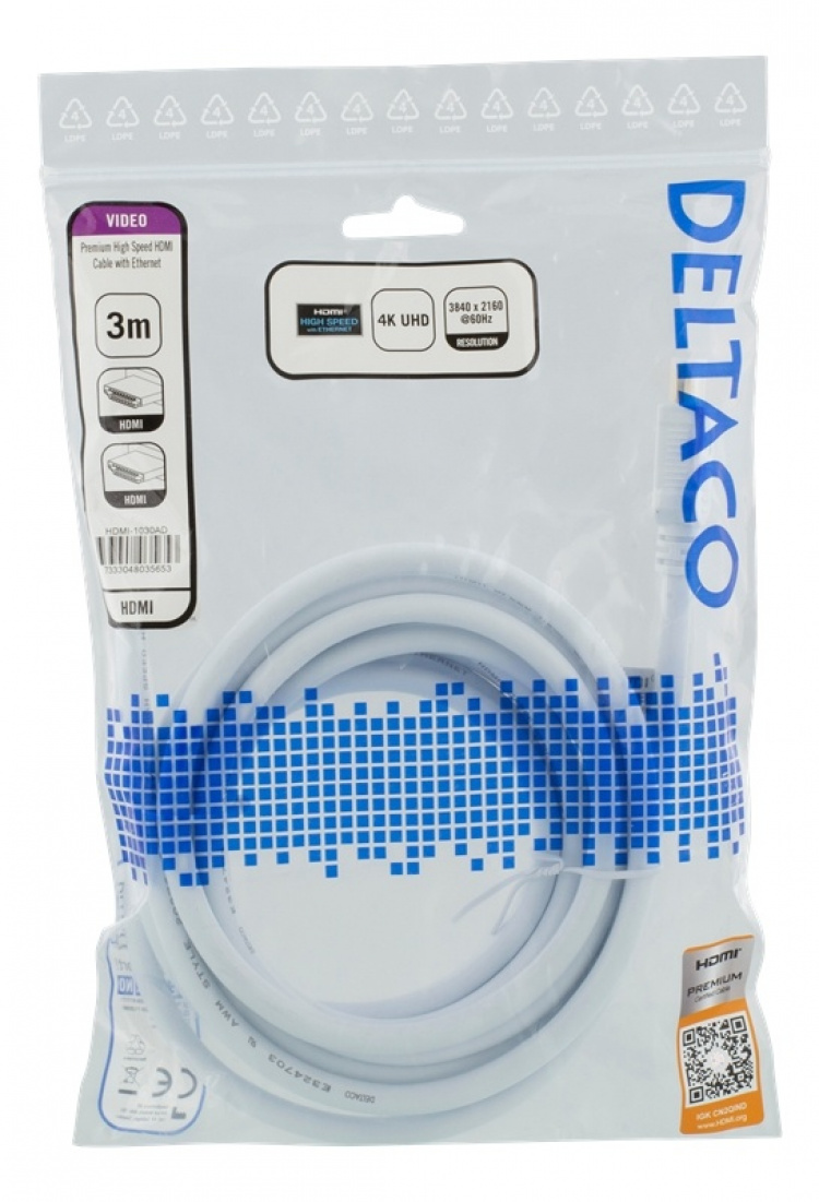 DELTACO High-Speed Premium HDMI cable, 3m, Ethernet, 4K UHD, white DELTACO High-Speed Premium HDMI cable, 3m, Ethernet, 4K UHD, white