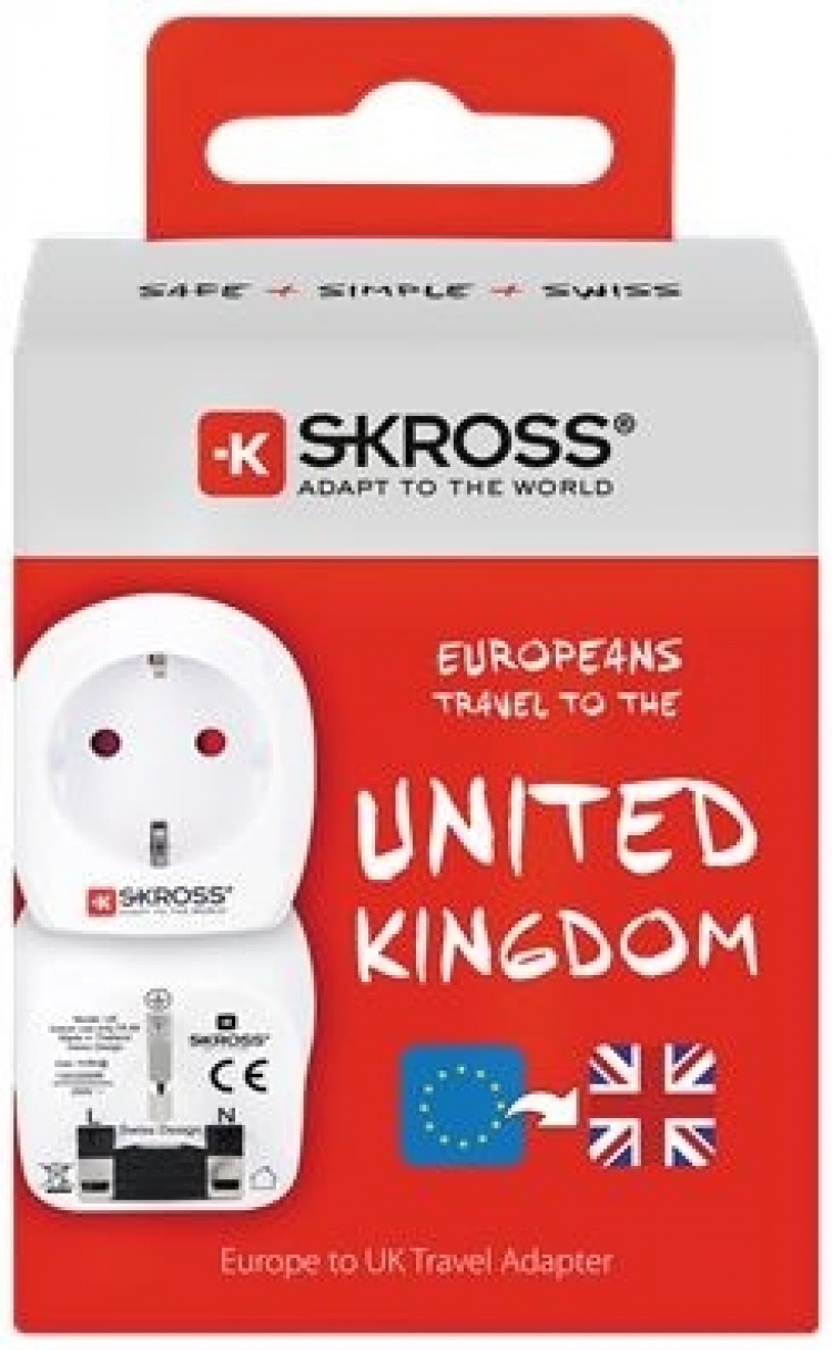 SKROSS Grounded Europe to UK travel adapter, 15A, 110-125V, white