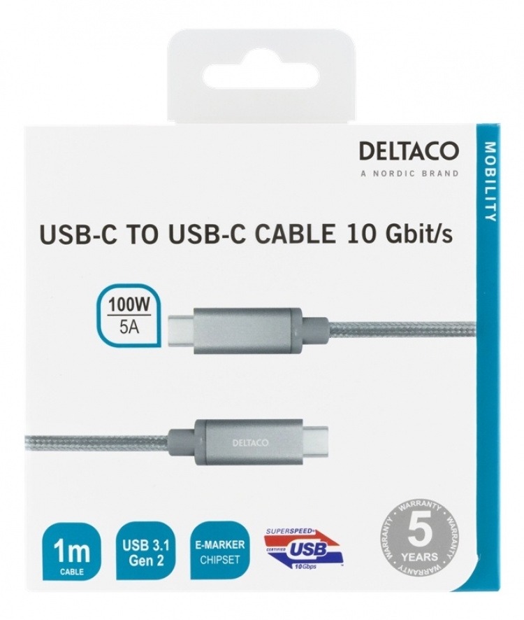 DELTACO USB-C SuperSpeed cable, 1m, braided, USB 3.1 Gen 2, 10 Gbps, 1 DELTACO USB-C SuperSpeed cable, 1m, braided, USB 3.1 Gen 2, 10 Gbps, 1