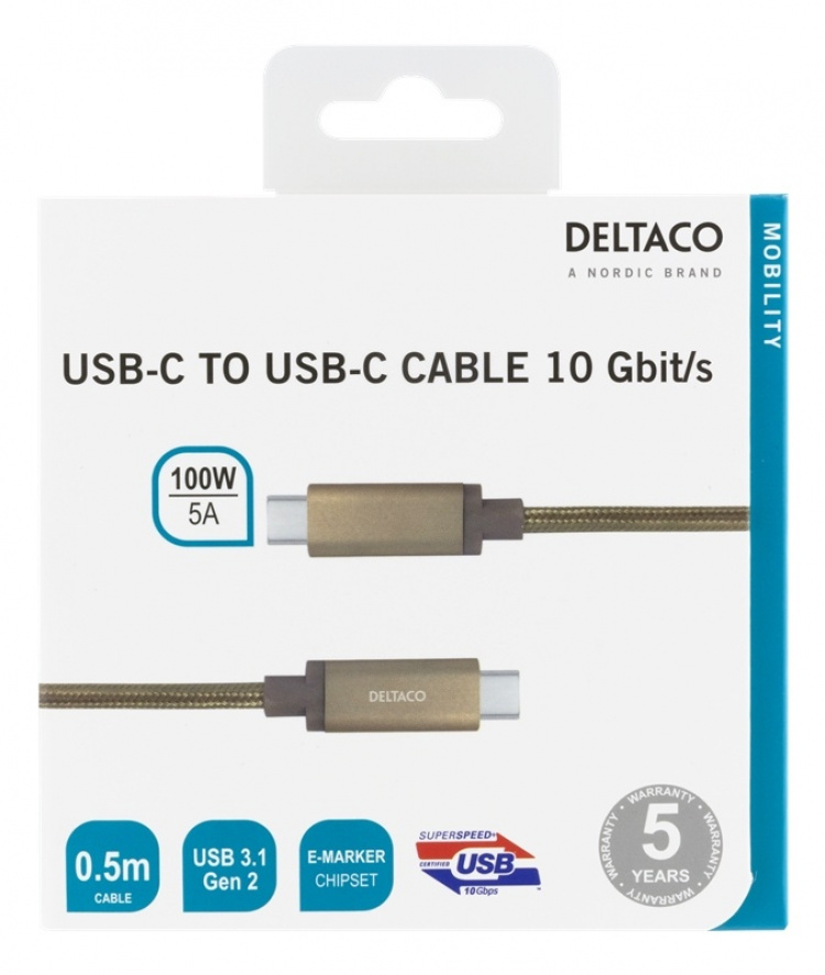 DELTACO USB-C SuperSpeed cable, 0.5m, braided, USB 3.1 Gen 2, 10 Gbps, DELTACO USB-C SuperSpeed cable, 0.5m, braided, USB 3.1 Gen 2, 10 Gbps,