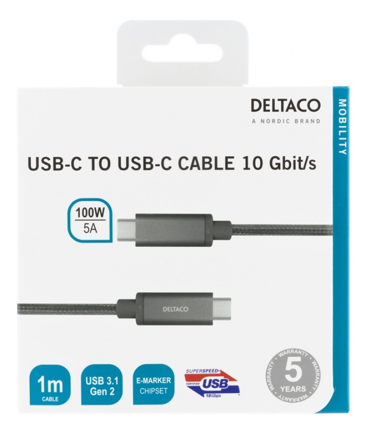 DELTACO USB-C SuperSpeed cable, 1m, braided, USB 3.1 Gen 2, 10 Gbps, 1