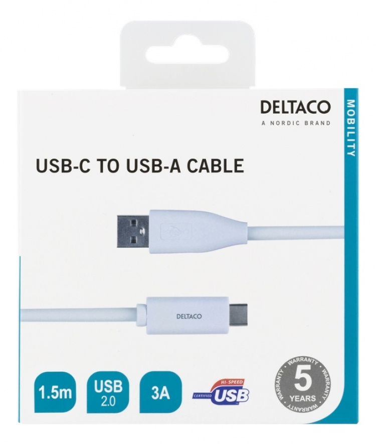 DELTACO USB-C to USB-A cable, 1.5m, 3A, USB 2.0, white