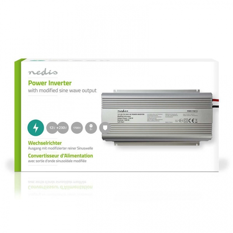 Nedis Power Inverter Modificeret sinus | Indgangsspænding: 12 V DC | Enhedens strømudgangsforbindelse: Type F (CEE 7/3) | 230 V AC 50 Hz | 1700 W | Peak-effekt: 3000 W | Skrueterminal | Sølv