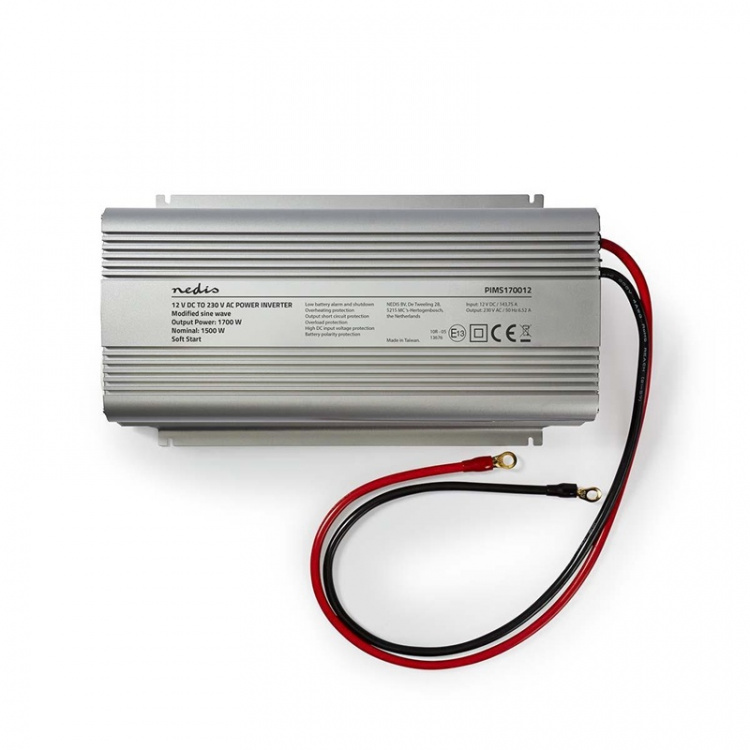 Nedis Power Inverter Modificeret sinus | Indgangsspænding: 12 V DC | Enhedens strømudgangsforbindelse: Type F (CEE 7/3) | 230 V AC 50 Hz | 1700 W | Peak-effekt: 3000 W | Skrueterminal | Sølv