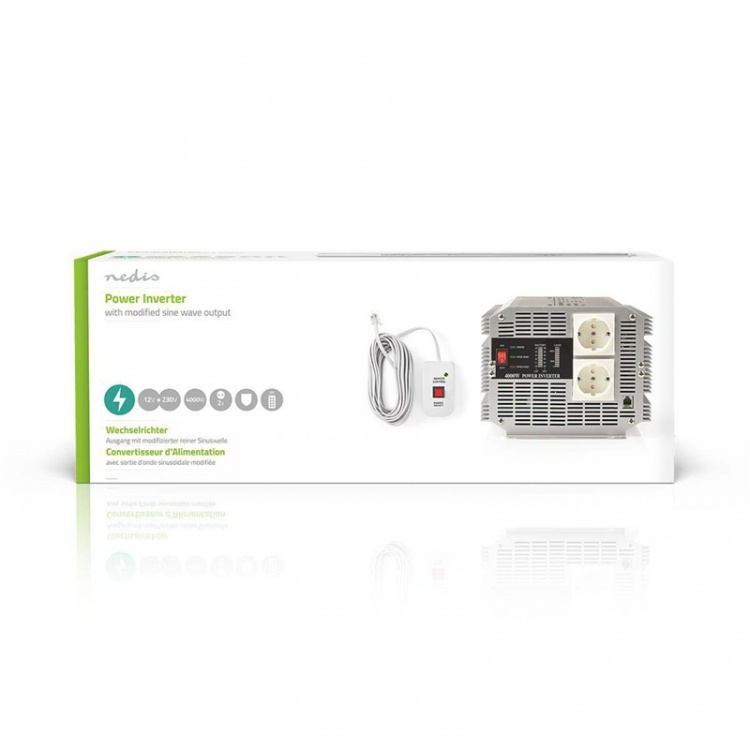Nedis Power Inverter Modificeret sinus | Indgangsspænding: 12 V DC | Enhedens strømudgangsforbindelse: Type F (CEE 7/3) | 230 V AC 50 Hz | 4000 W | Peak-effekt: 8000 W | Skrueterminal | Sølv