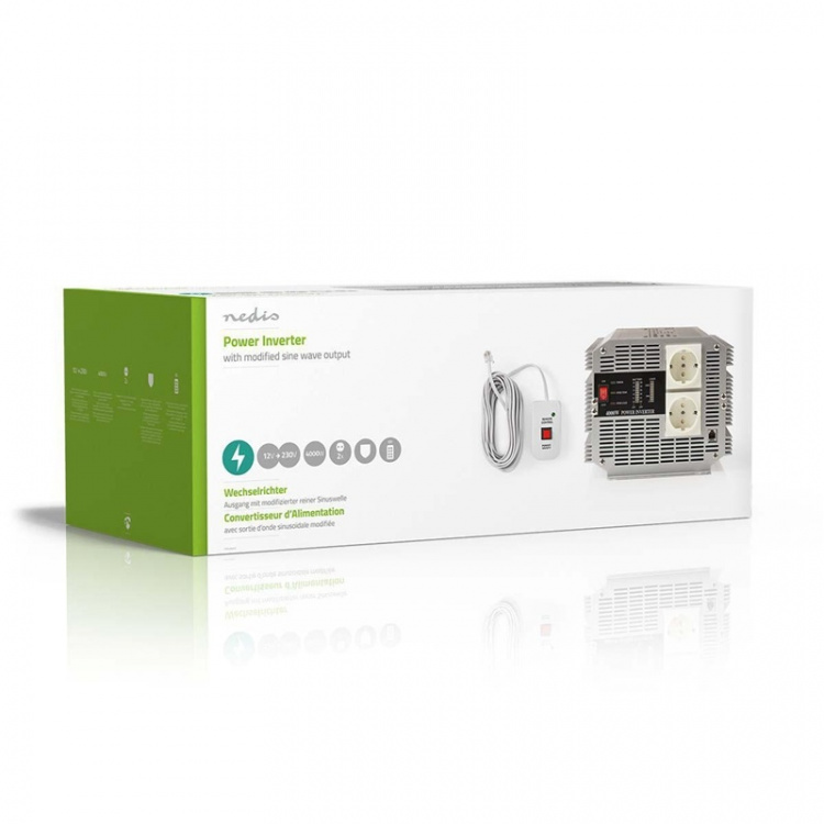 Nedis Power Inverter Modificeret sinus | Indgangsspænding: 12 V DC | Enhedens strømudgangsforbindelse: Type F (CEE 7/3) | 230 V AC 50 Hz | 4000 W | Peak-effekt: 8000 W | Skrueterminal | Sølv