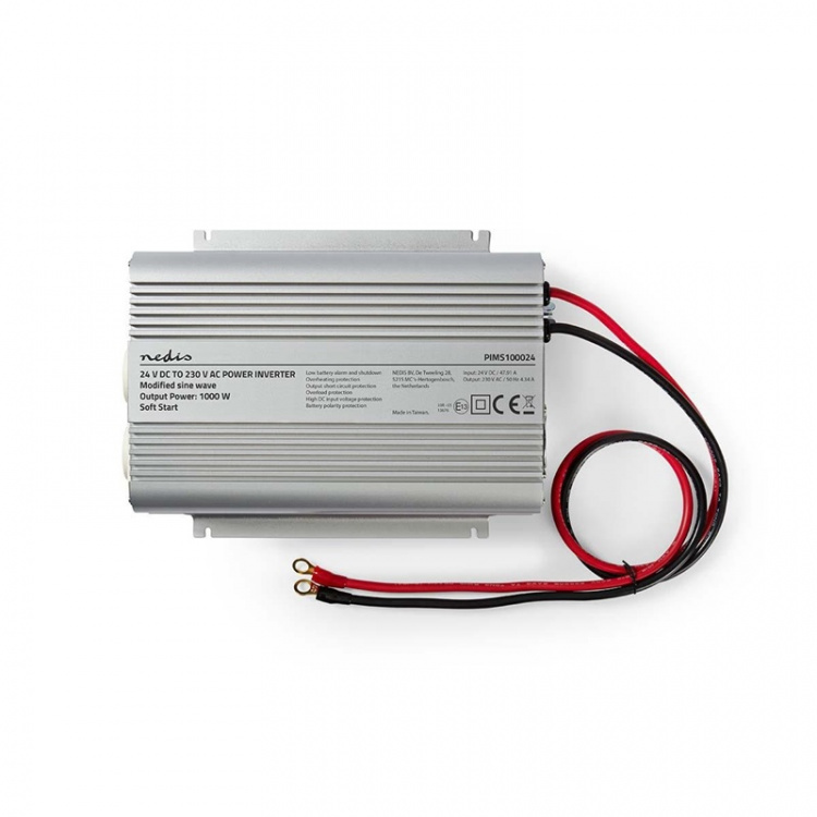 Nedis Power Inverter Modificeret sinus | Indgangsspænding: 24 V DC | Enhedens strømudgangsforbindelse: Type F (CEE 7/3) | 230 V AC 50 Hz | 1000 W | Peak-effekt: 2400 W | Batteriklemmer | Sølv