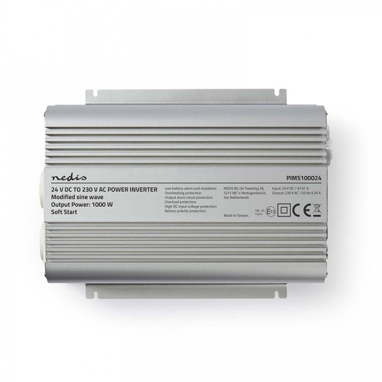 Nedis Power Inverter Modificeret sinus | Indgangsspænding: 24 V DC | Enhedens strømudgangsforbindelse: Type F (CEE 7/3) | 230 V AC 50 Hz | 1000 W | Peak-effekt: 2400 W | Batteriklemmer | Sølv