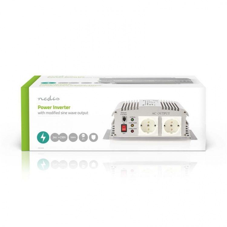 Nedis Power Inverter Modificeret sinus | Indgangsspænding: 24 V DC | Enhedens strømudgangsforbindelse: Type F (CEE 7/3) | 230 V AC 50 Hz | 1000 W | Peak-effekt: 2400 W | Batteriklemmer | Sølv