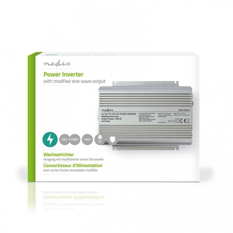 Nedis Power Inverter Modificeret sinus | Indgangsspænding: 24 V DC | Enhedens strømudgangsforbindelse: Type F (CEE 7/3) | 230 V AC 50 Hz | 1000 W | Peak-effekt: 2400 W | Batteriklemmer | Sølv