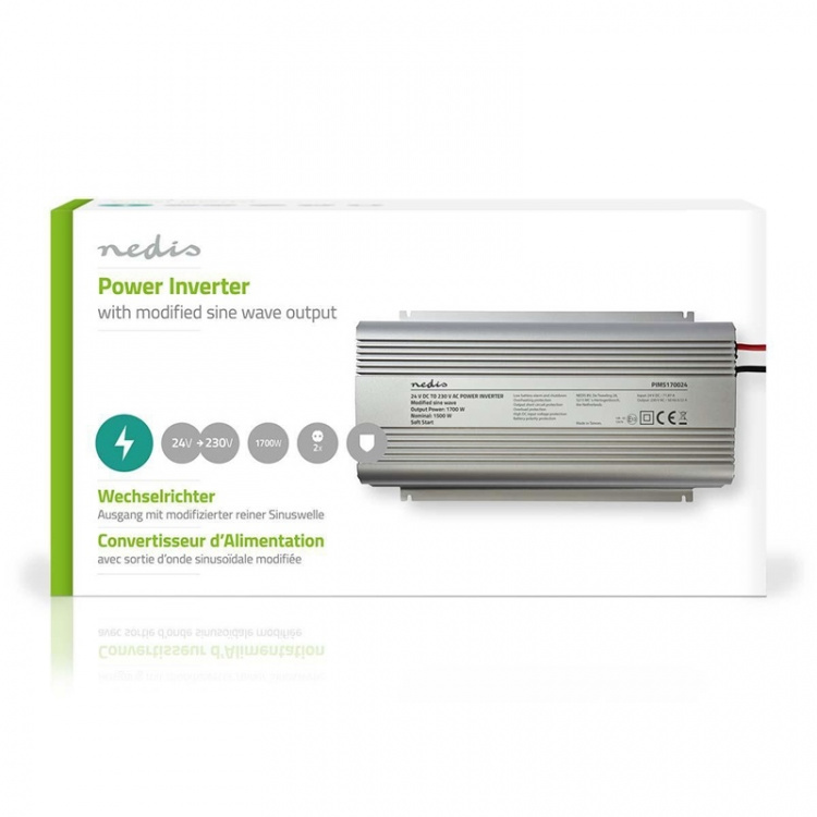 Nedis Power Inverter Modificeret sinus | Indgangsspænding: 24 V DC | Enhedens strømudgangsforbindelse: Type F (CEE 7/3) | 230 V AC 50 Hz | 1700 W | Peak-effekt: 3000 W | Skrueterminal | Sølv