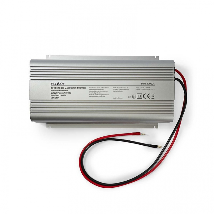 Nedis Power Inverter Modificeret sinus | Indgangsspænding: 24 V DC | Enhedens strømudgangsforbindelse: Type F (CEE 7/3) | 230 V AC 50 Hz | 1700 W | Peak-effekt: 3000 W | Skrueterminal | Sølv
