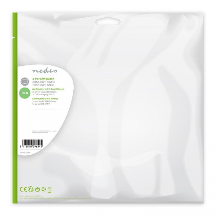 Nedis Composite Video Switch | 3-Port port(s) | Indgang til lyd- / video- / dataforbindelser: 3x Composite Video (RWY) | Audio / video / dataforbindelser output: 1x Composite Video (RWY) | 1024x576 | ABS | Sort