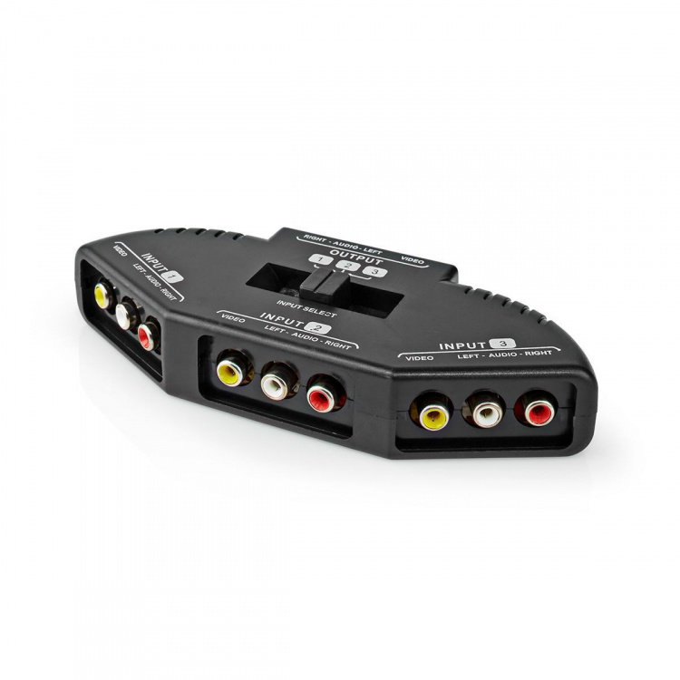 Nedis Composite Video Switch | 3-Port port(s) | Indgang til lyd- / video- / dataforbindelser: 3x Composite Video (RWY) | Audio / video / dataforbindelser output: 1x Composite Video (RWY) | 1024x576 | ABS | Sort