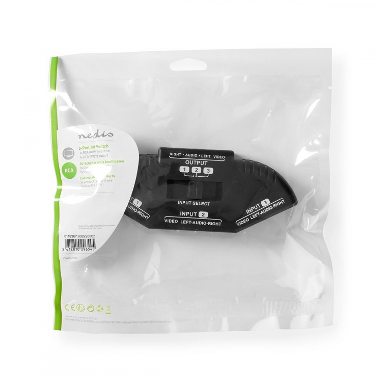 Nedis Composite Video Switch | 3-Port port(s) | Indgang til lyd- / video- / dataforbindelser: 3x Composite Video (RWY) | Audio / video / dataforbindelser output: 1x Composite Video (RWY) | 1024x576 | ABS | Sort