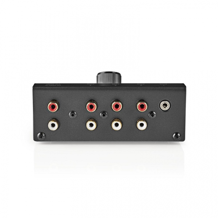 Analog lyd switch | 4-Port port(s) | Tilslutninger indgang: 1x 3.5 mm / 3x (2x RCA Hun) | Tilslutninger udgang: 1x (2x RCA Female) | Manual | Metal | Sort