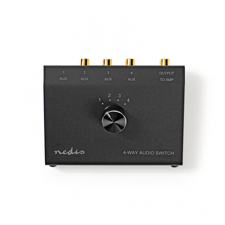 Analog lyd switch | 4-Port port(s) | Tilslutninger indgang: 1x 3.5 mm / 3x (2x RCA Hun) | Tilslutninger udgang: 1x (2x RCA Female) | Manual | Metal | Sort