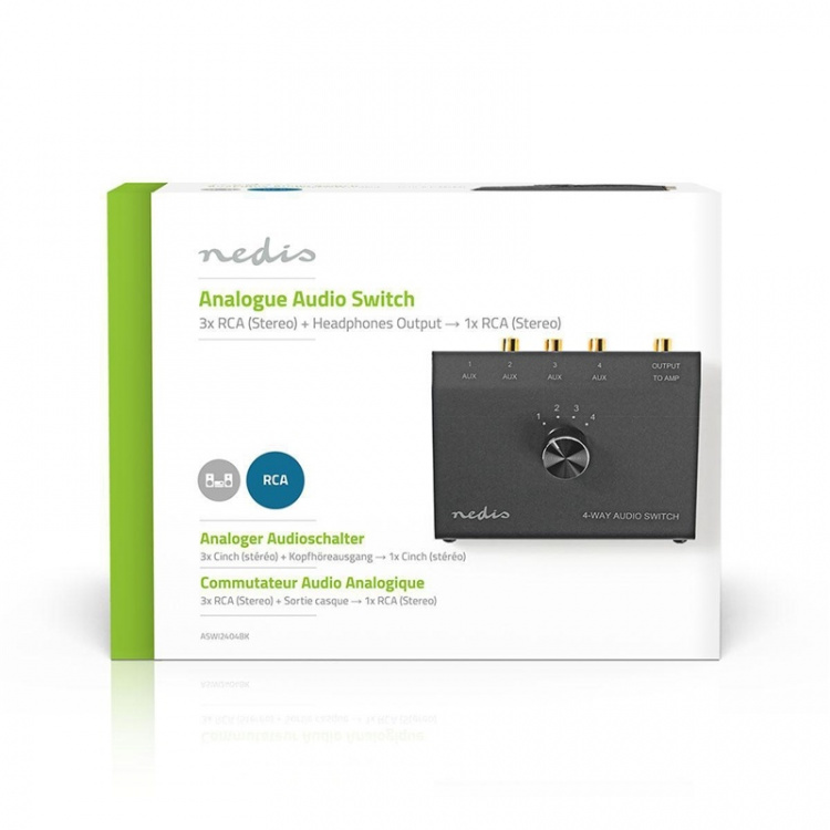 Analog lyd switch | 4-Port port(s) | Tilslutninger indgang: 1x 3.5 mm / 3x (2x RCA Hun) | Tilslutninger udgang: 1x (2x RCA Female) | Manual | Metal | Sort