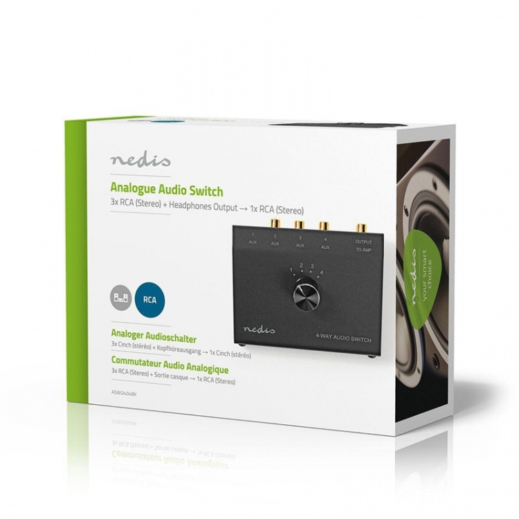 Analog lyd switch | 4-Port port(s) | Tilslutninger indgang: 1x 3.5 mm / 3x (2x RCA Hun) | Tilslutninger udgang: 1x (2x RCA Female) | Manual | Metal | Sort